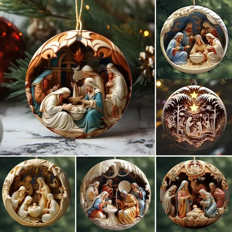 Nativity Christmas Pendants Acrylic Flat Painted Hanging Decoration Ornament Xmas Tree Figure for Home Decor Party Supplies