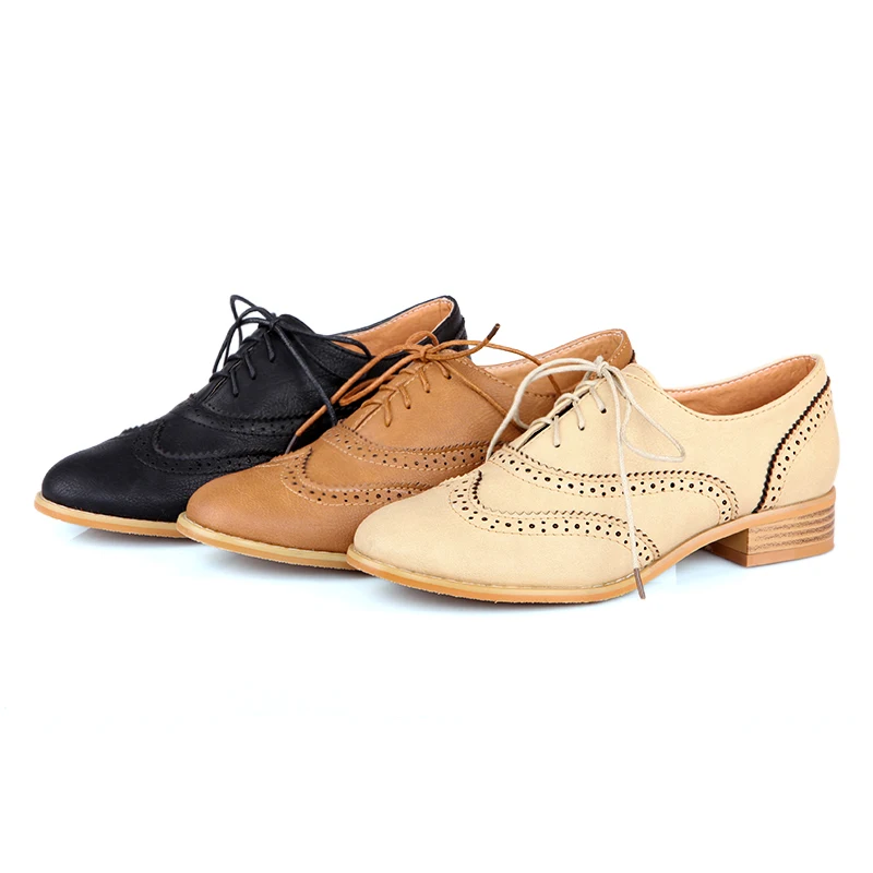 Vintage Flats Women Oxfords Black Beige PU Round Toe Low Square Heel Brogues Casual Office Party Lace Up Ladies Dress Shoes women oxford shoes,leather mary jane shoes