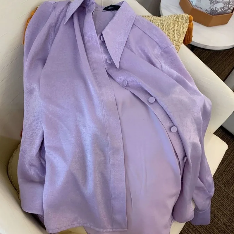 

Women's Spring and Autumn New Fashion Elegant Solid POLO Collar Button Casual Style Versatile Long Sleeve Slim Fit Shirt Tops