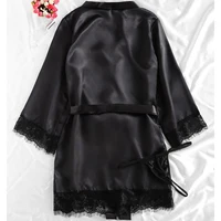 Black Sexy Women's Pajamas Satin 4-piece Lace Silk Suspender Tops Shorts Robe Pajamas Set Nightgown Underwear Nightdress Suit - Image 4