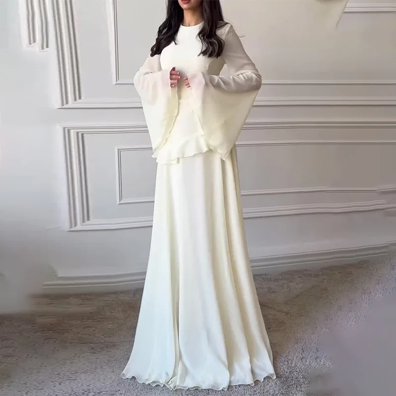 فستان ماكسي أنيق بأكمام مضيئة وأزرق مكشكش للنساء ف...