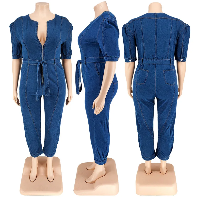 Wmstar Plus Size Jumpsuit Women Denim Zipper Up Sashes Pockets Trousers Stretch Straight Bodysuit 2022 Wholesale Dropshipping
