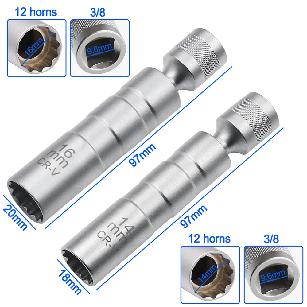 Socket Wrench Magnetic 12 Angle Repairing Removal Tool Thin Wall 3/8" Drive Sockets for 14/16mm Spark Plug 5