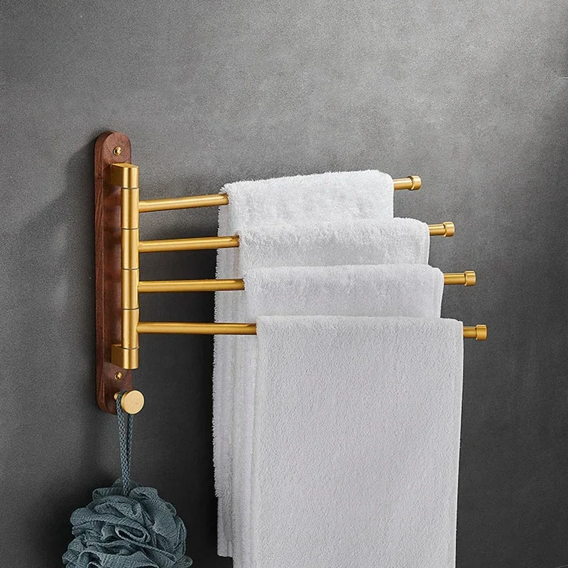 

New Chinese Golden Rotary Towel Rod Alumimum Folding Bathroom Light Luxury Movable Towel Bar Punch Free Towel Rack
