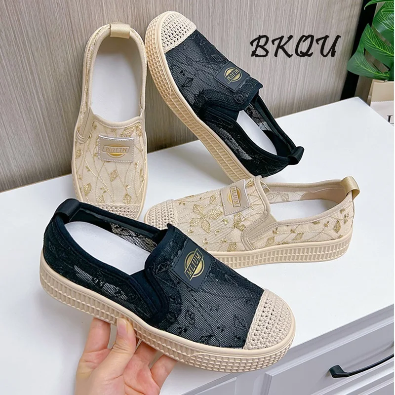 BKQU Thick Sole Fisherman Women 2024 Summer New Breathable Lace Small Fragrance Single A Comfortable Slip-on Shoes