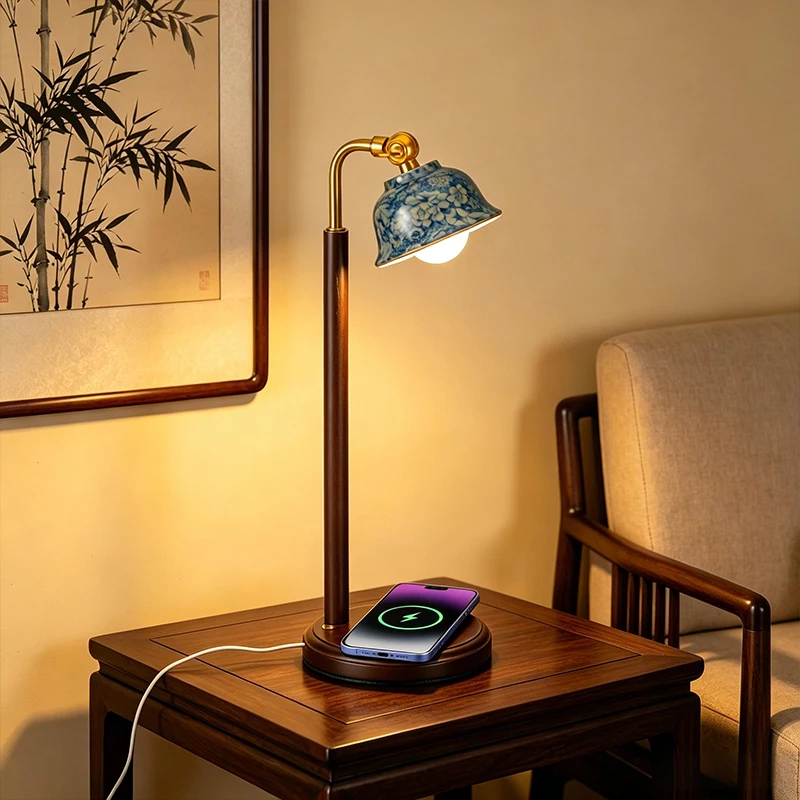 세라믹 데스크 램프, 15W Qi 무선 휴대폰 충전기, USB-C 전원, 3색 조명..