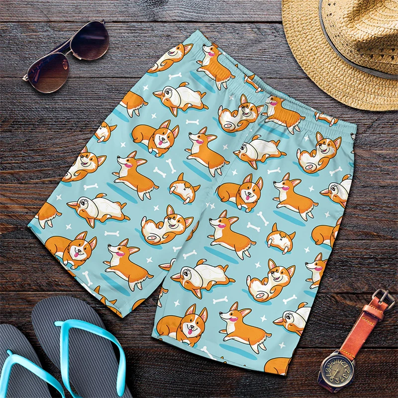 Funny Anime Corgi Graphic Beach Shorts For Men 3D Print Dogs Board Shorts Sports Gym Swim Trunks Swimsuit Homme Cool Ice Shorts 3