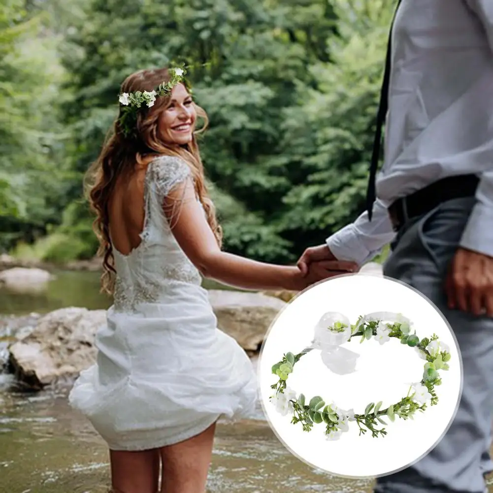 Women Hair Wreath Adjustable Size Hair Wreath Bohemian Eucalyptus Mesh Bridal Flower Crown for Wedding Birthday Festival Green