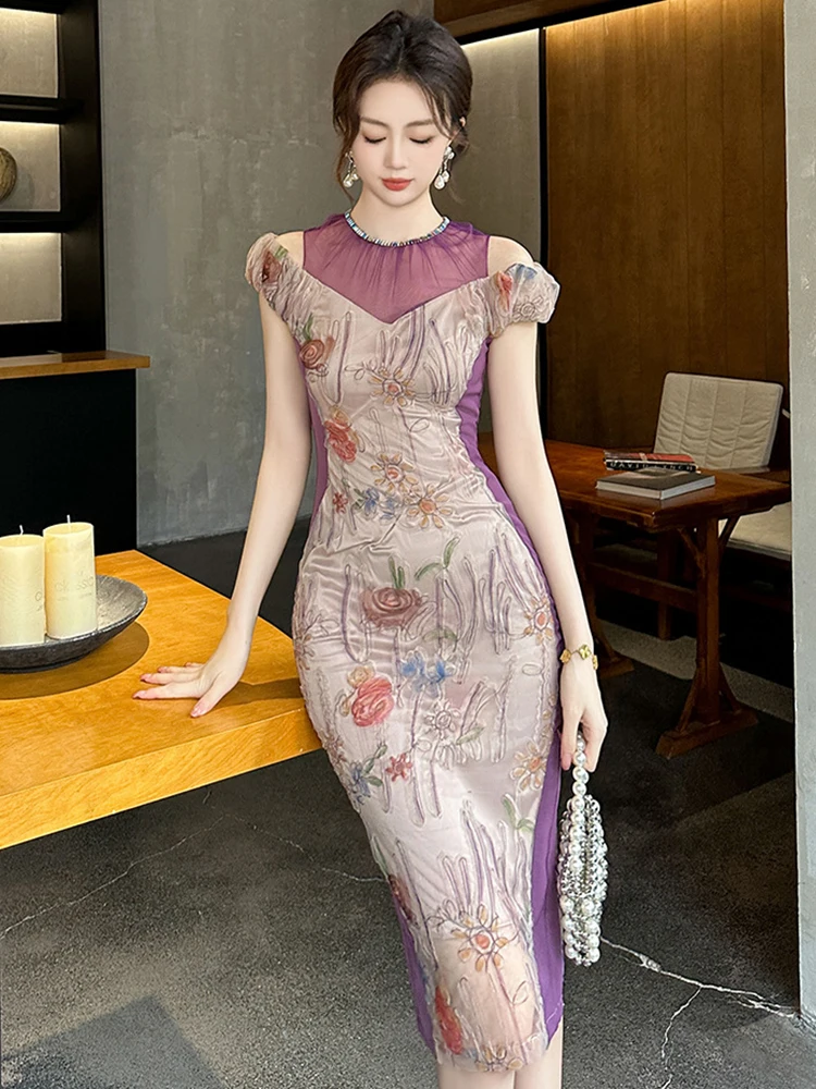 fitted lace wedding dress Sexy Retro Off The Shoulder Sequ Dress Short Dress Women Clothing Evening Dress S / Purple main image 0