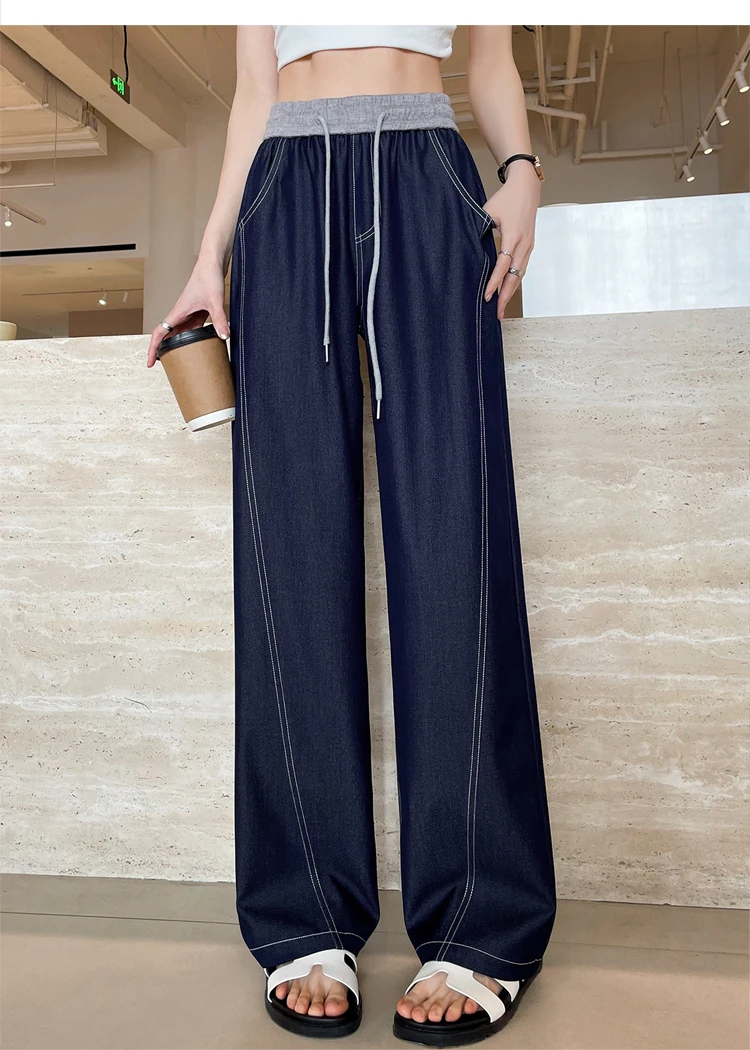 Description Picture 4 of item2025 New Spring Summer Vintage Patchwork Women's Wide Leg Full Pants High Waist Lace-up Female Elegant Straight Loose Trousers