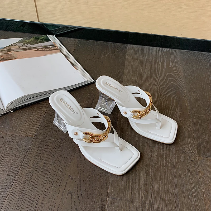 

ZOOKERLIN Square Toe Metal Chain Women Slippers Clip Toes Flip Flops Summer Solid Color Crystal High Heels Slip On Slides Shoes