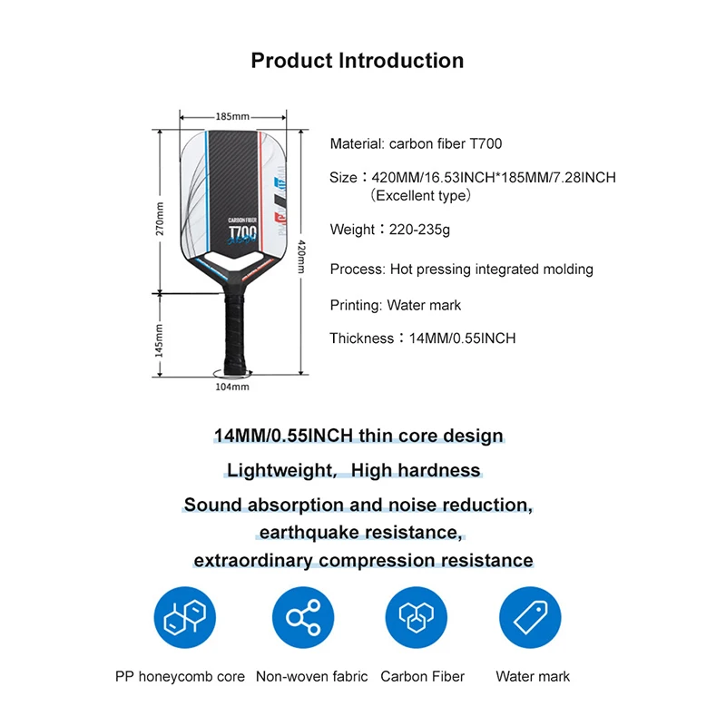 s 14MM Thick hollow Design Hot Pressed Integrated PP Honeycomb Core T700 Carbon Fiber Pickleball Paddle