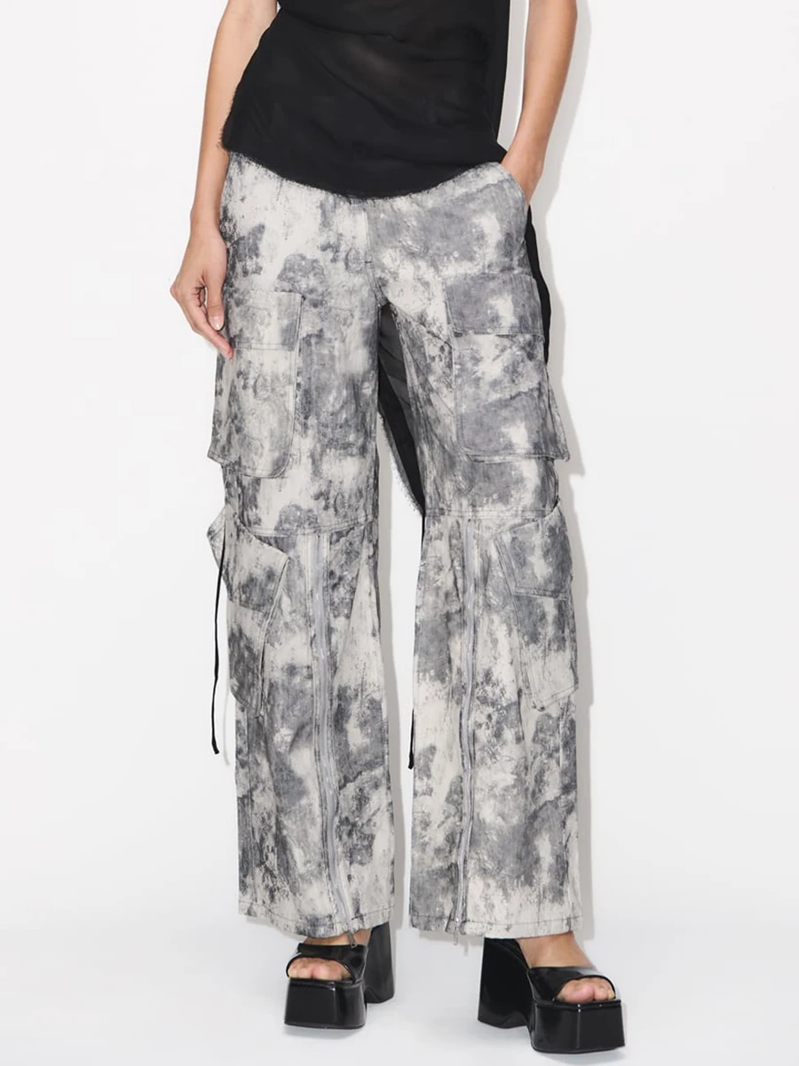 

Zipper Decorated Printed Casual Women Cargo Pants Mid Waist Pocket Long Pant Female Streetwear Vintage Trousers Ladies 2023 New