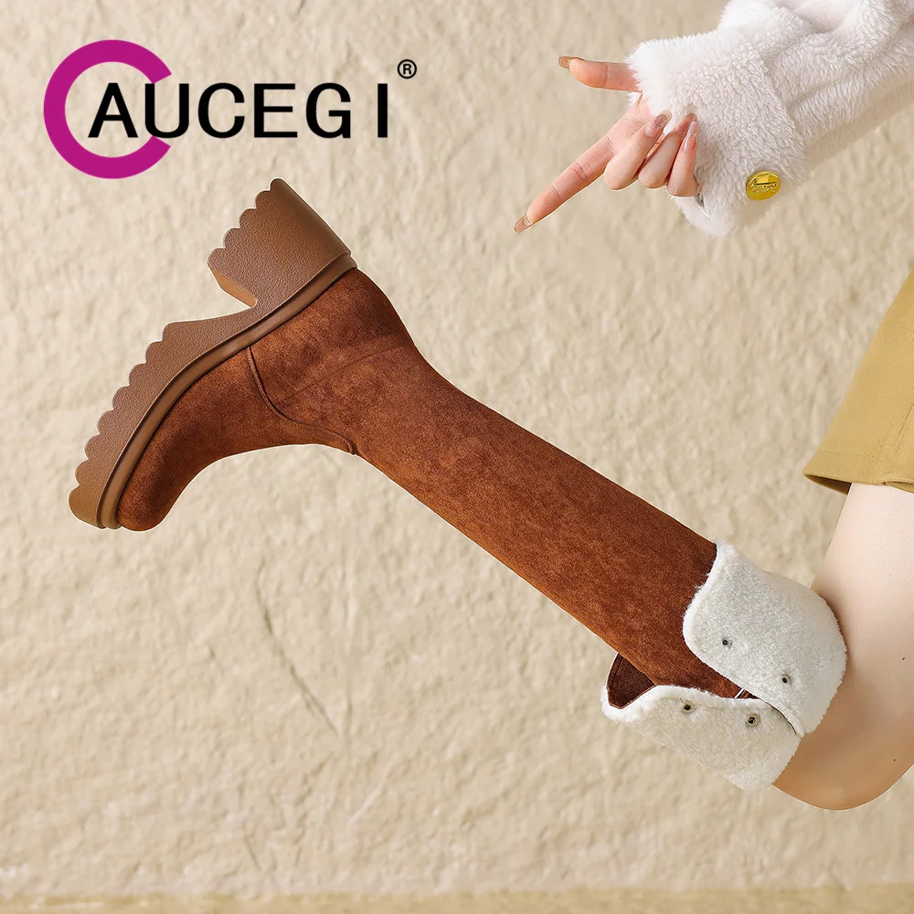 

Aucegi Over Knee High Boots Side Zip Round Toe Autumn Winter Woman Flock Chunky Heel Zipper Warm Shoes Large Size 34-43 Brown