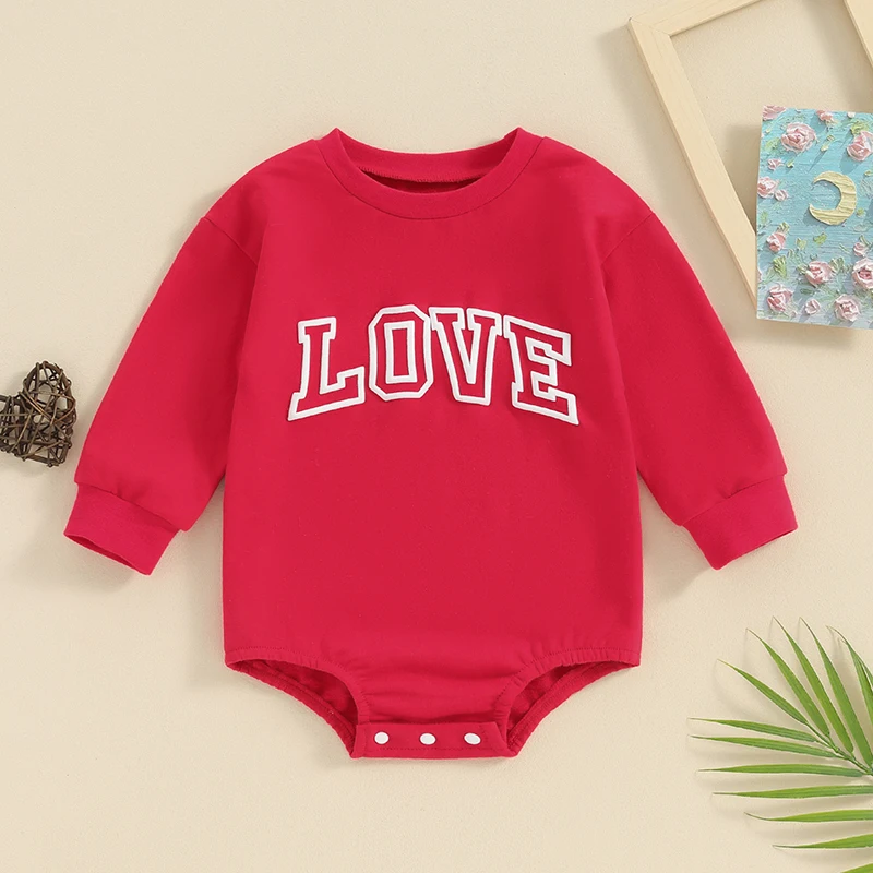 

Baby Girl Boy Valentines Day Outfits Heart Letter Print Long Sleeve Bubble Romper Newborn Sweatshirt Infant Spring Clothes