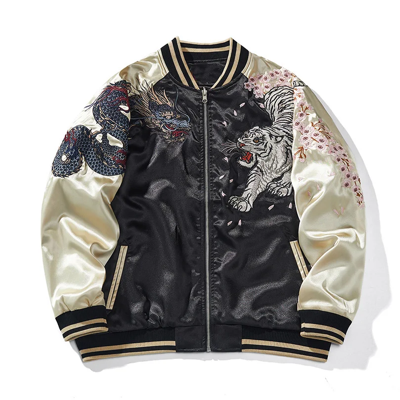 Satin Embroidery Baseball Jacket Sukajan Spring Men Coat Long Sleeve Tiger Dragon Male Clothing Big Plus Size 4XL D004