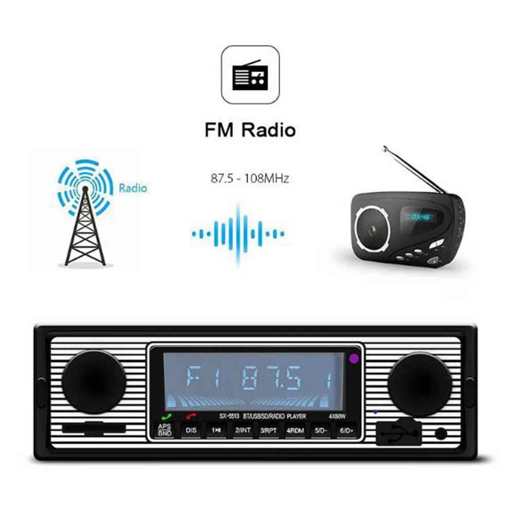 Rádio de carro sem fio compatível com Bluetooth, Retro MP3 Player, Multimídia Vintage, AUX, USB, Auto Lassic FM, Receptor Áudio