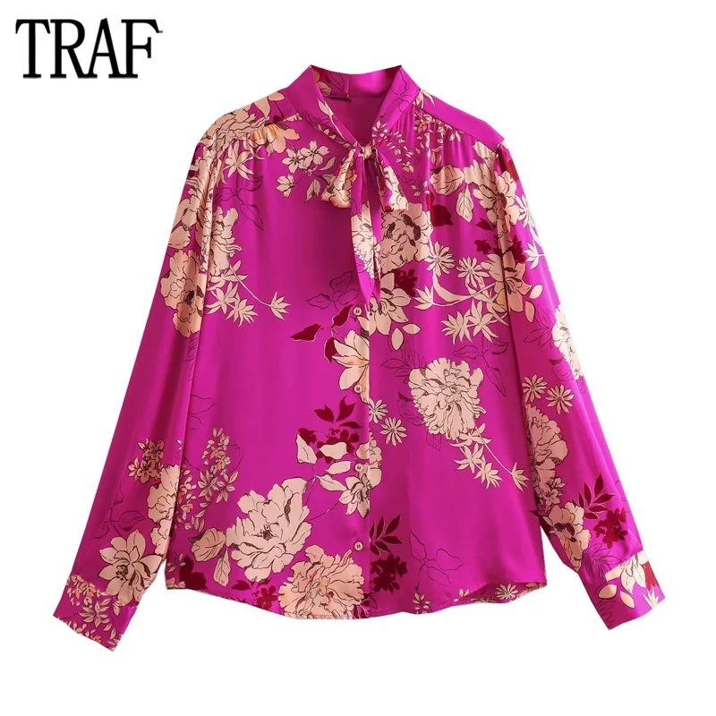 TRAF2023FloralWomenShirtHighNeckSatinBlouseFemaleTieButton