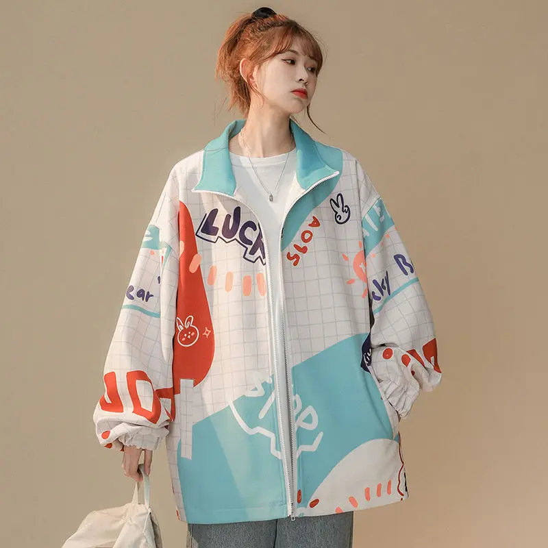 Baseball Jacket Women Zipper Coat Cartoon Graffiti Print Harajuku Spring New Korean Hiphop High Street Fashion Sweet Girl Tops muses coloring book by art work beautiful girl painting book anime line drawing graffiti books for adult students