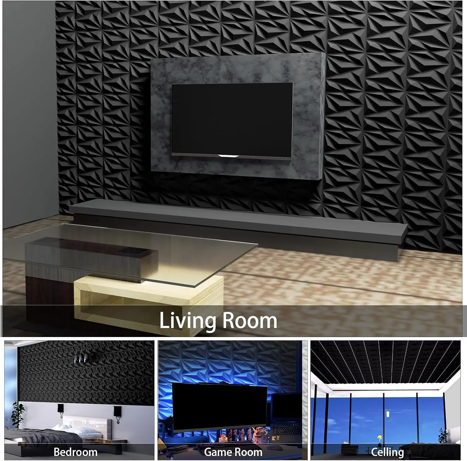 แผ่นผนังตกแต่งลายเพชร 3 มิติ KUUJOJO 12/20/30 ชิ้น สำหรับตกแต่งผนังภายใน, แผ่นผนังลายดอกไม้ PVC สำหรับห้องนั่งเล่น ล็อบบี้ และห้องนอน 1