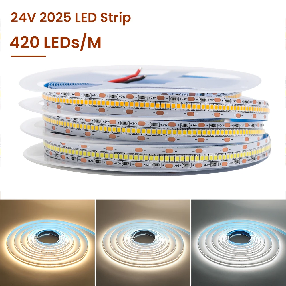 

DC 24V LED Strip SMD 2025 420Leds/M Super Brighter IP20 IP67 Waterproof Flexible Ribbon Tape Rope Lights