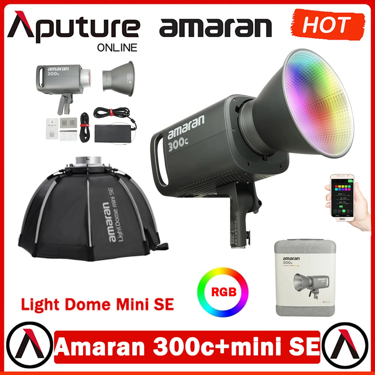 

Aputure Amaran 300C 300W Bi-Color 2500K to 7500K RGB LED Video Continuous Light with Light Dome Mini SE Softbox Kit