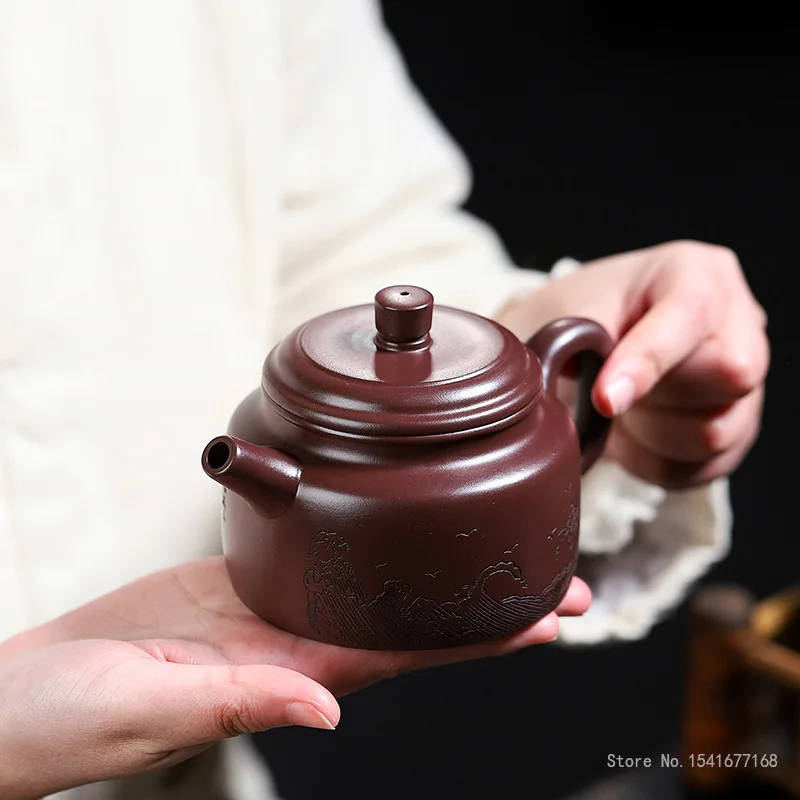 270ml Capacity Chinese Yixing High-end Raw ore purple vermilion mud Teapot, Famous Artists Hand-carved Kettle Zisha Tea Set, 1Pc