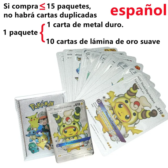 Pokemon Metal Card Spanish Box Gold Black Golden Letters Silver English Vmax Gx Collection Charizard Pikachu Cards Pack Toy Gift 11pcs Spanish silver