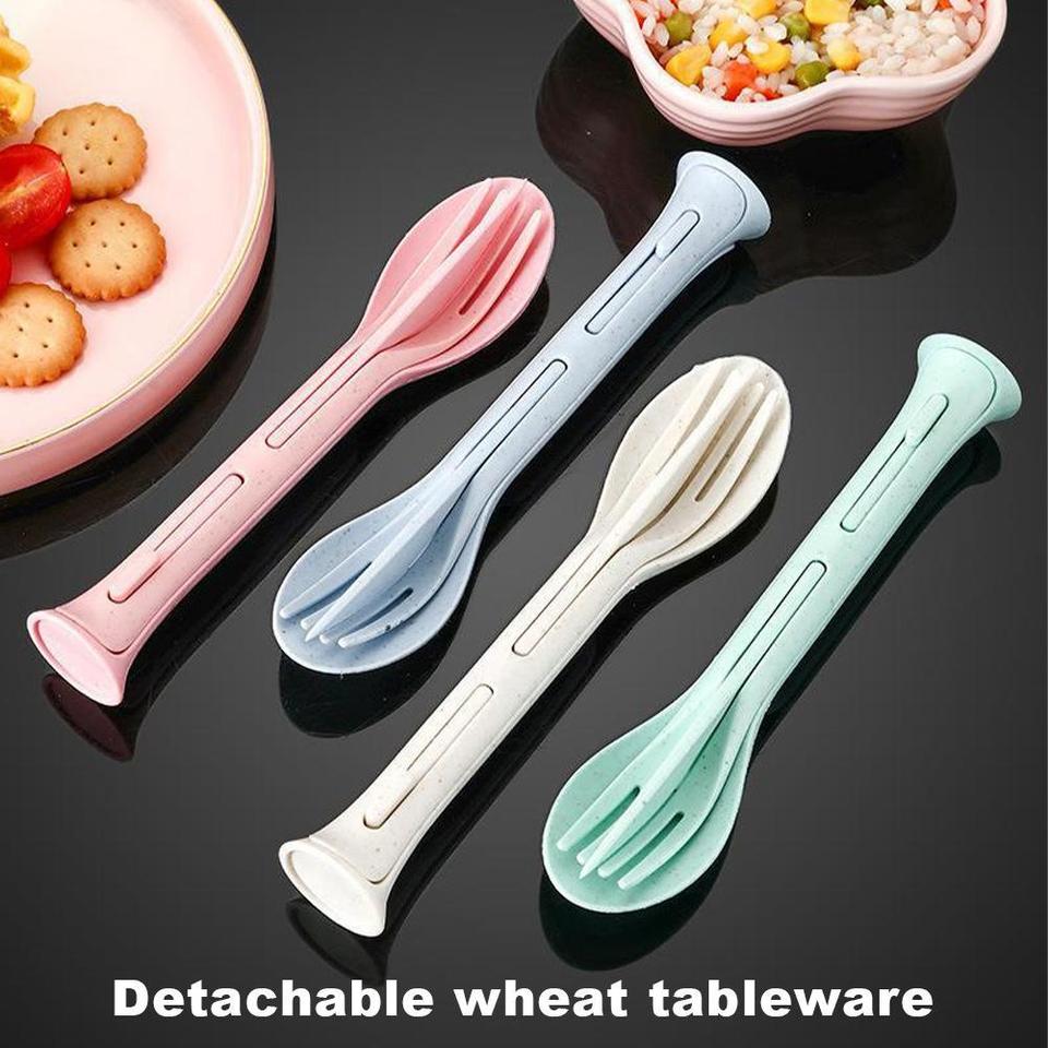 2PCS Camping Portable Tableware Set Wheat Straw Dinnerware Detachable Cutlery Travel Tableware Picnic Dinnerware Set