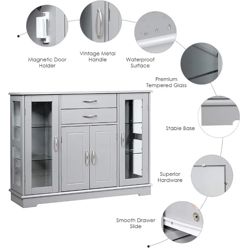 Sideboard Storage cabinet with 2 drawers,3 cabinets and glass doors for kitchen and dining room furniture,cupboards consoles