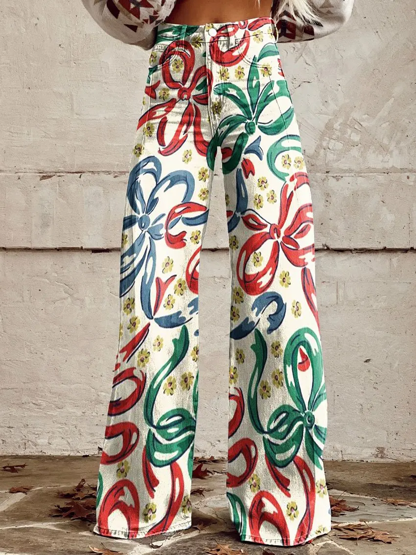 Women's Plaid Denim Wide Leg Pants Casual Fashion Comfortable Long Women's Pants Striped Ladies Wide Leg Pants S-3XL
