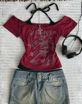 Spring Summer Women's T-Shirt Rose Red Off-Shoulder Halter Tie Short Sleeve Skeleton Print Slim Edgy Daily Casual Top 1