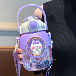 Cartoon Kids Water Bottle with Straw and Handle - 820ml Portable Sippy Cup - 820ml (PURPLE)