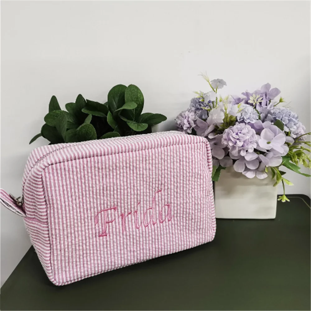 Custom Embroidered Seersucker Makeup Bag - Perfect Bridesmaid or Gift Idea