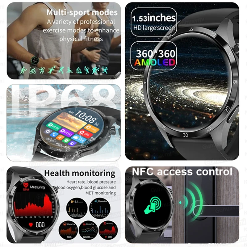 2024 nowe zegarki NFC GT4 PLUS Smartwatch męski Bluetooth Call GPS trajektoria IP68 wodoodporny tętno Smartwatch z cukrem we krwi