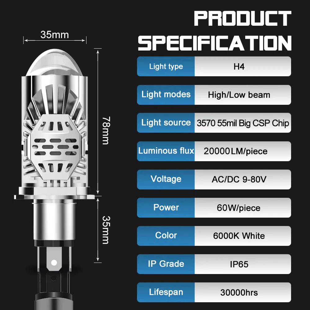 H4 LED RHD/LHD Bi-LED Projector Headlight Lens Automobles Bulb LED H4 Headlamp Conversion Kit Hi/Lo Beam Headlight 12V 24V 6500K