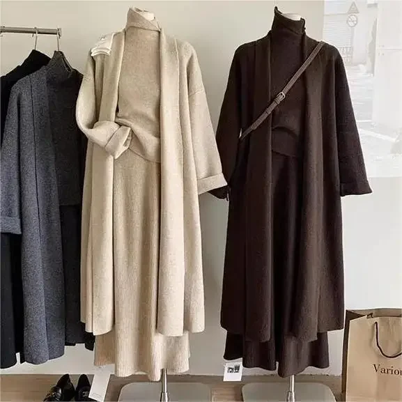 ثلاث قطع مجموعات المرأة سترة طويلة سترة 2025 البلوز فستان محبوك ربيع الخريف الشتاء الكروشيه سترة Y2k تنورة عالية الخصر