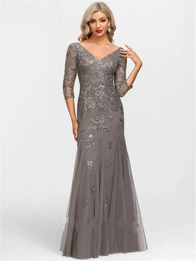 

Trumpet/Mermaid Evening Gown Sexy Dress Formal Short Sleeve V-neck Floor-Length Tulle Lace Evening Dress With Sequins