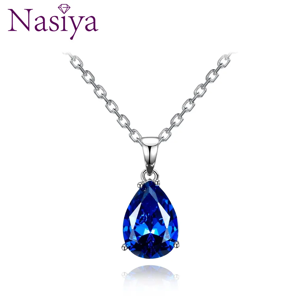 Blue Sapphire Pear-Shape Teardrop Water Drop Solitaire Pendant Necklace Wedding Jewelry 925 Sterling Silver