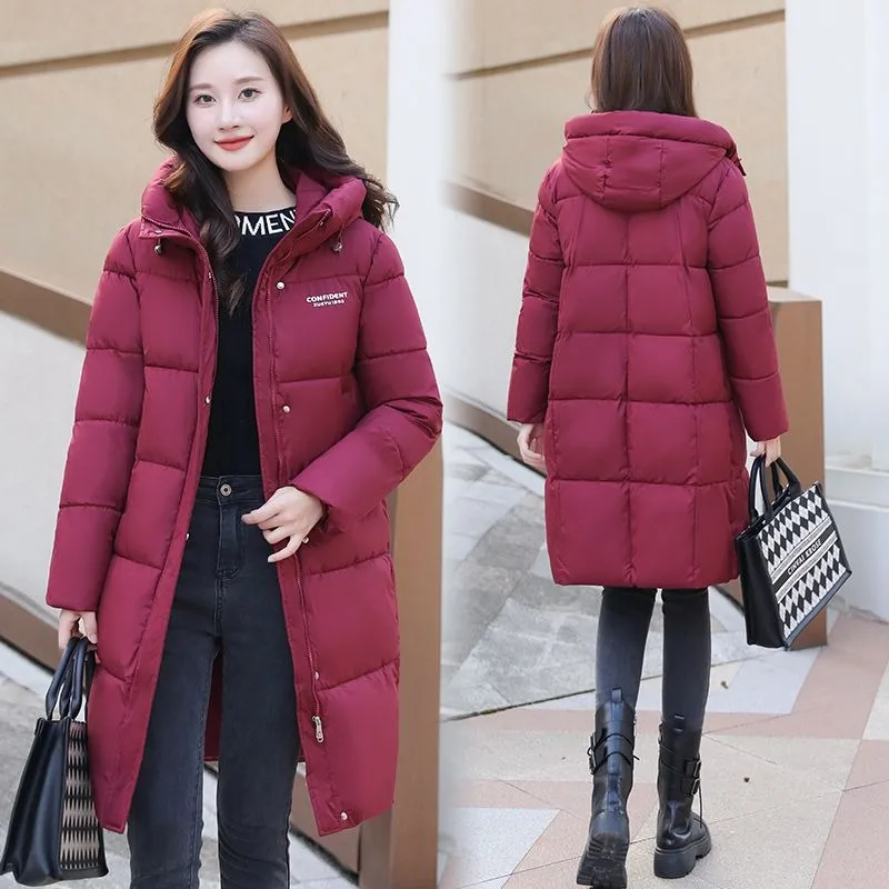 

2023 New Women Cotton Coat Winter Jacket Female Mid Length Version Hooded Parkas Warm Thick Outwear Loose Large Size Overcoat