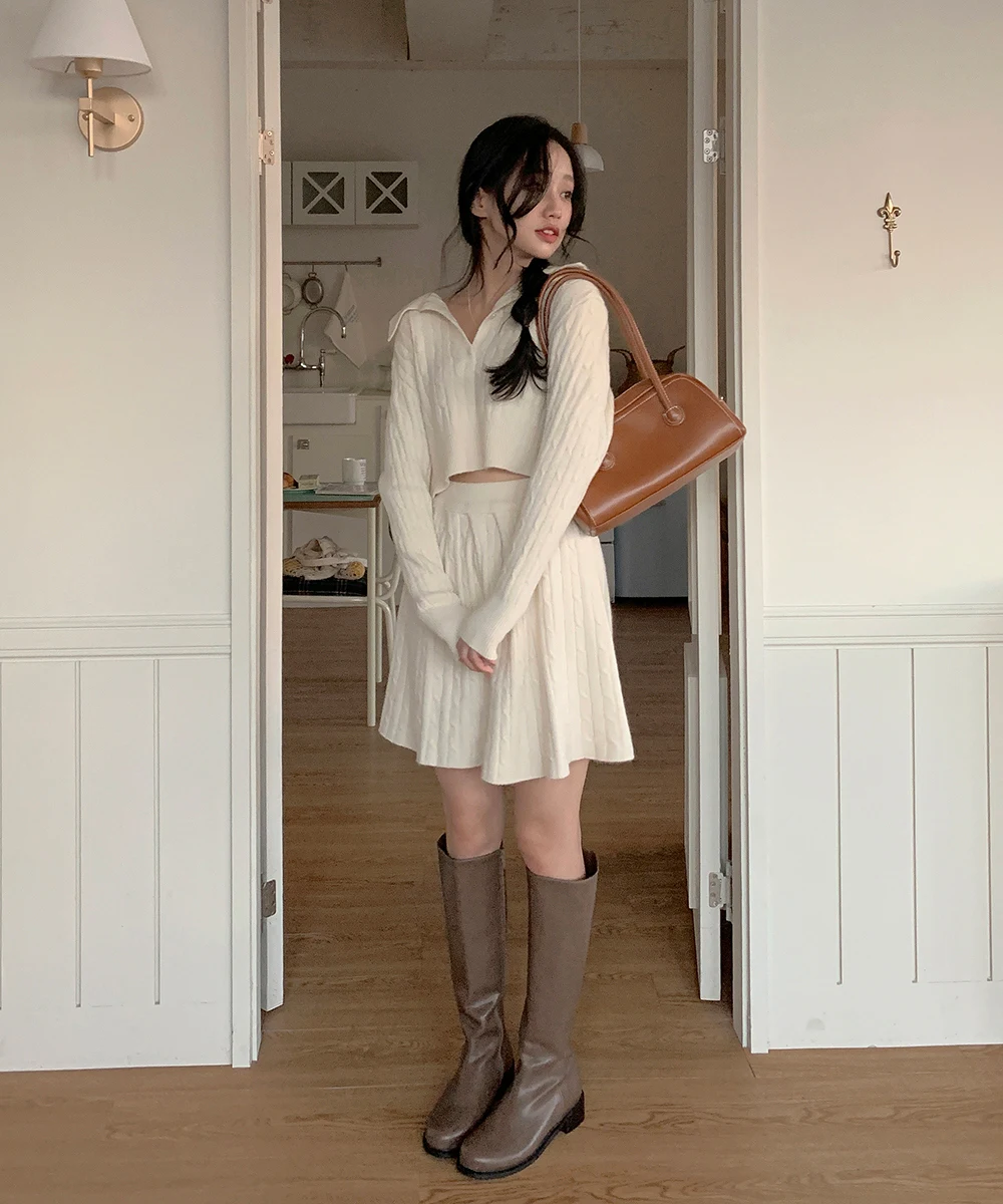 Korean Fashion Two-piece Set Women Pullover Turn-down Collar Crop Top Mini Skirt Solid Casual Suit Autumn New Knitwear Outfits