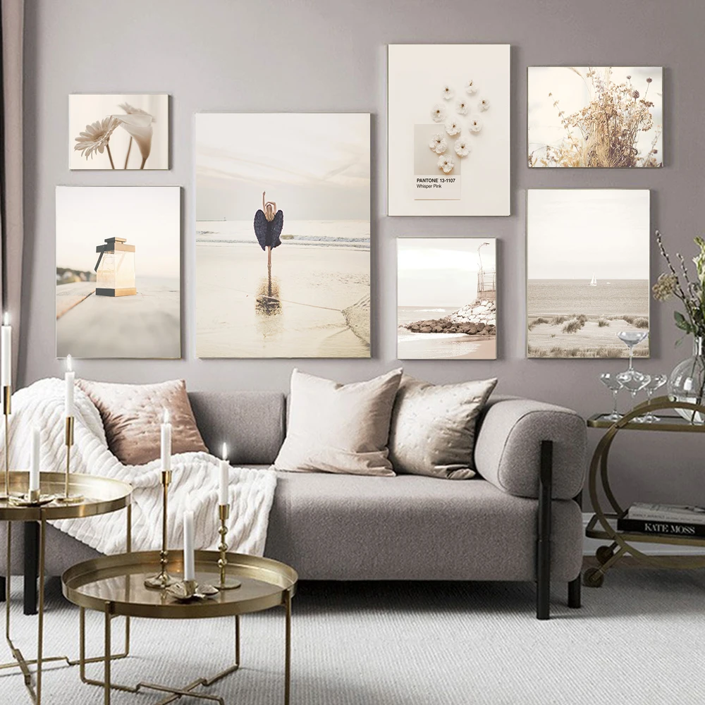 Скандинавский бежевый Пляжный Пейзаж, цветочные плакаты, картины для художественной печати на стене, гостиной, домашний декор Скандинавский бежевый Пляжный Пейзаж, цветочные плакаты, картины для художественной печати на стене, гостиной, домашний декор