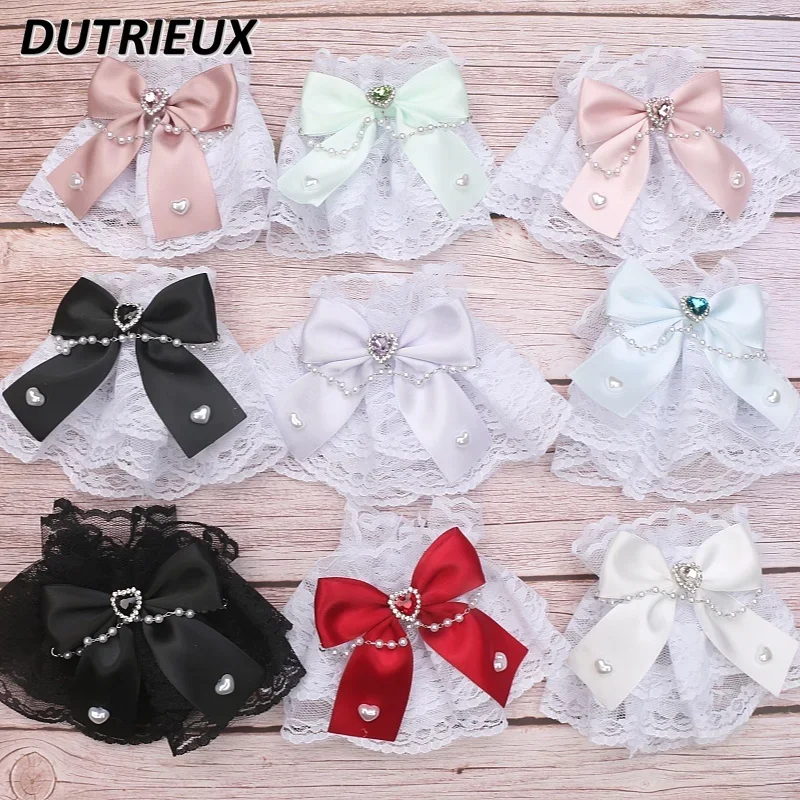 Handmade Sweet Cute Lolita Mine Lace Bow Bead Chain Love Oversleeves Summer Japanese Style Kawaii Girls Y2k Accessories