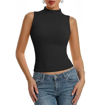Débardeur femme double couche ajusté extensible col montant sans manches