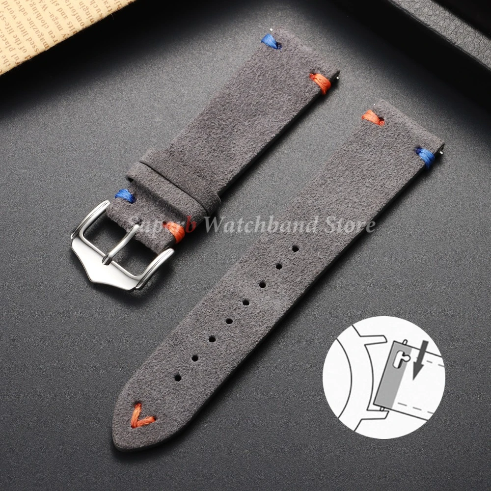 Vintage Suede Leather Watch Strap with Handmade Stitching – Soft and Universal Replacement Wristband
