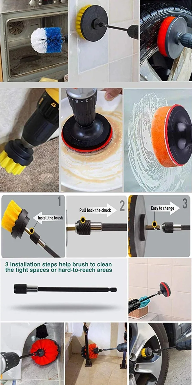 Juego de cepillos de limpieza multiusos para carro, herramienta de fijación de taladro eléctrico, cepillo de depurador eléctrico, pulidor de coche, Kit de cepillos para Detalles » Juego de cepillos de limpieza multiusos para carro