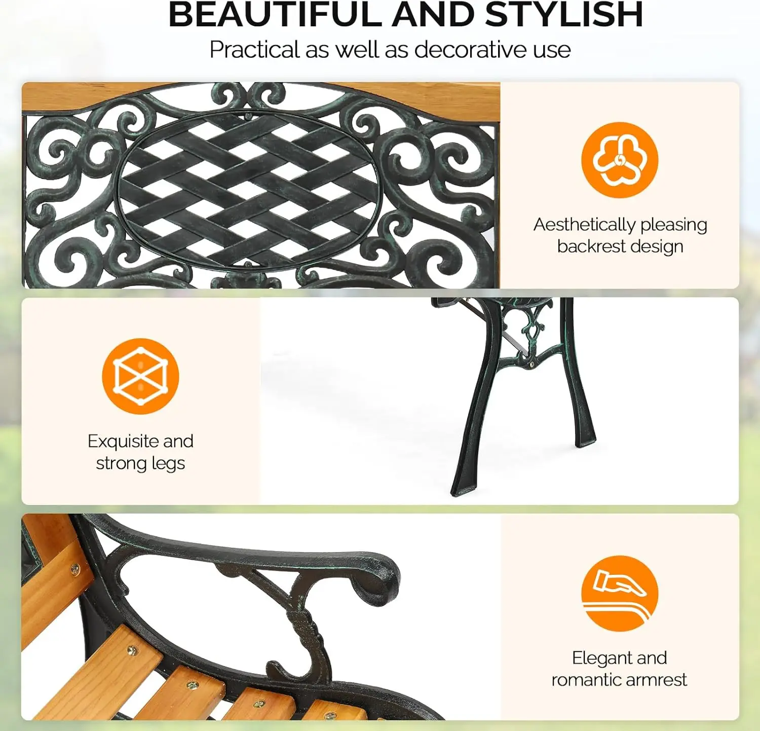 Outdoor Bench Metal Garden Bench Front Porch Bench, Wood Patio Bench w/PVC Backrest Cast Iron Love Seat Park Benches