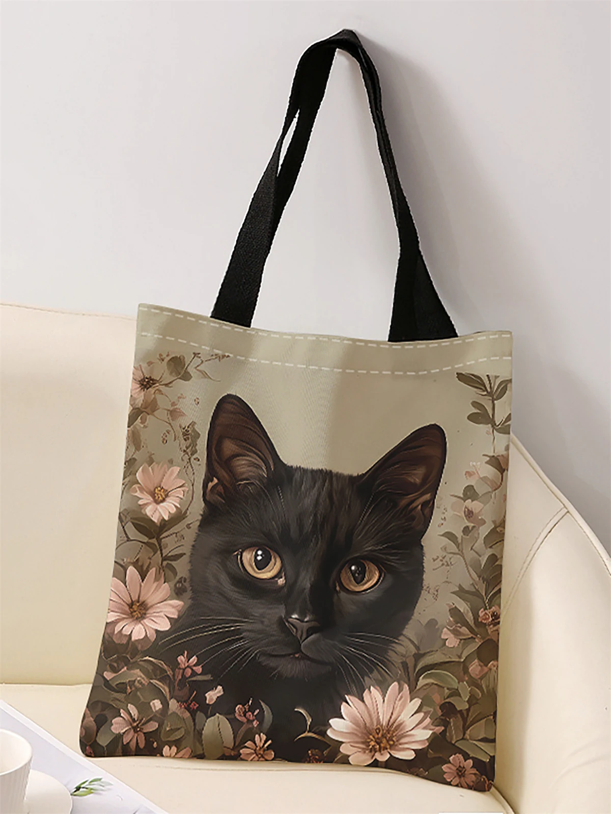 Black cat pattern printed casual handbag, reusable fashionable backpack, multifunctional handbag, canvas shopping bag