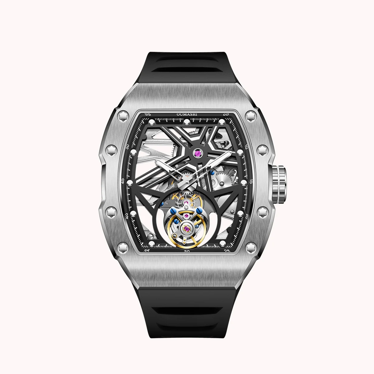 Raymondoya Tourbillon Movement Mechanical Watch For Men Skeleton Tonneau Shape