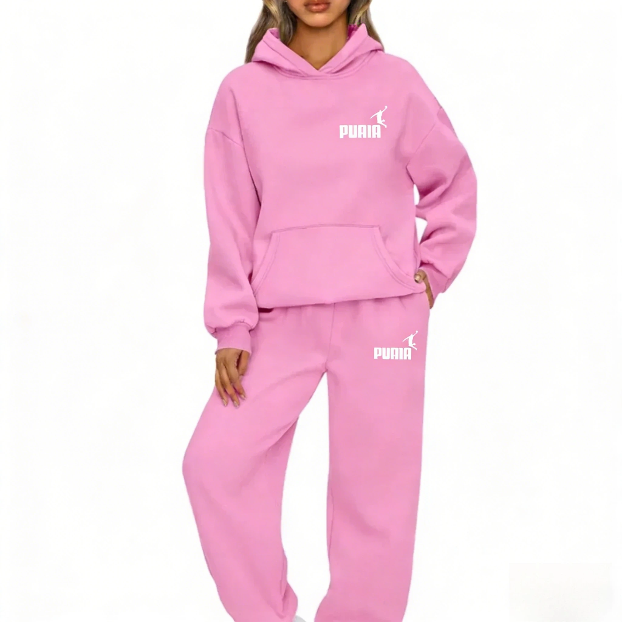 Autumn and winter woman sportswear set, outdoor cycling windproof and warm hooded sweatshirt + pants 2-piece set